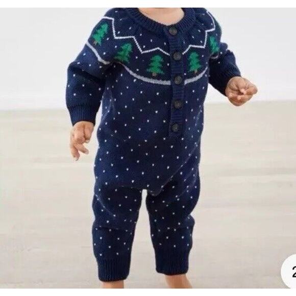Hanna Andersson Tannenbaum Sweater Romper Blue Fair Isle Christmas 3-6 Months - Picture 4 of 9